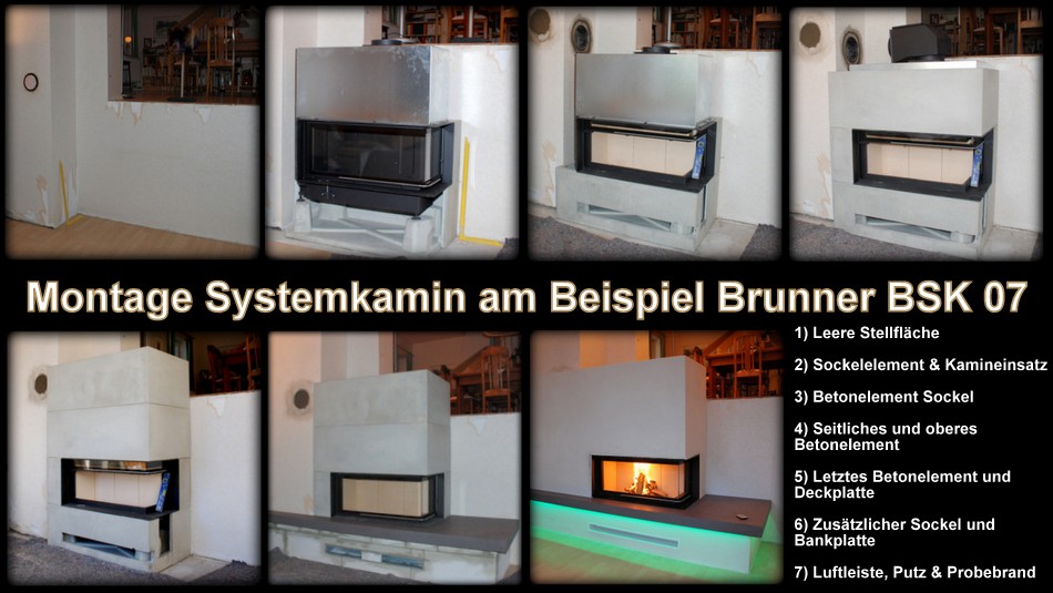 Brunner Systemkamin BSK mit Eckkamin 10kW Montage mit Bankplatte und Putz.